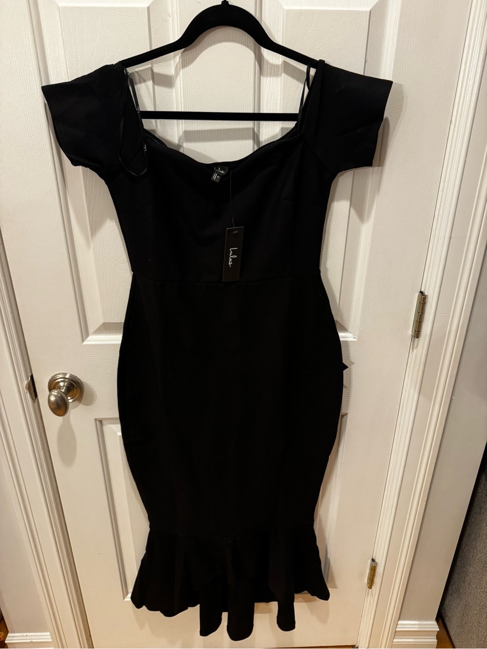 Lulu's Black Off-Shoulder Ruffle-Hem Midi Dress